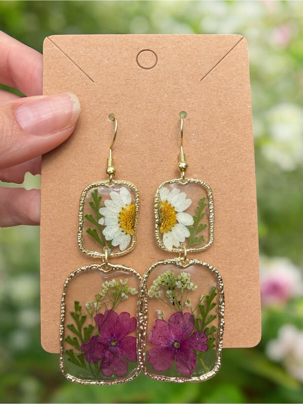 E2 Pressed Flower Double Drop Earrings - Gold with White & Purple Flowers
